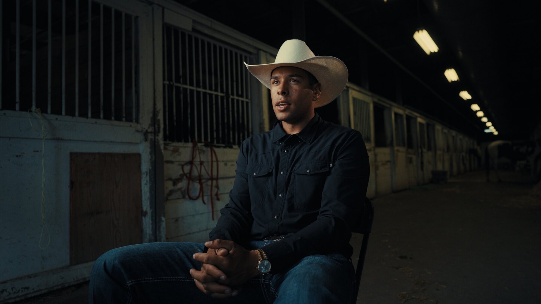 Shad Mayfield interview frame — wide in the barn alley